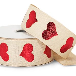 Metallic Red Hearts On Ivory Linen